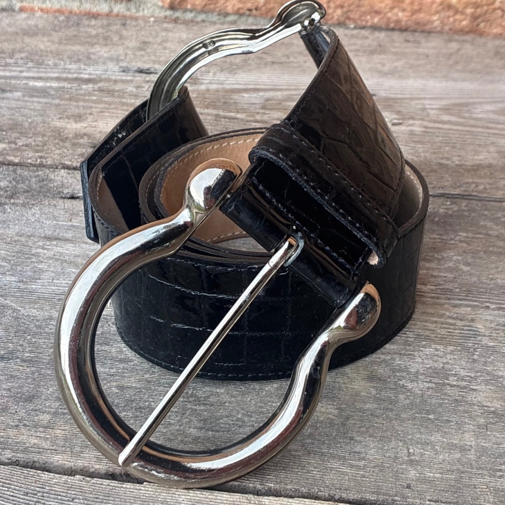 Cache Belt 40' Croc Embossed Patent Leather Wide Black L Horseshoe Buckle 7227